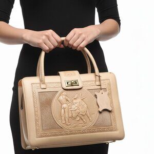 Vintage Mexican Tan Tooled Leather Handbag Purse Mayan Art Bull Retro Top Handle